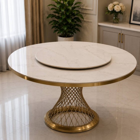 Slender Waist Stone Slab Dining Table has a gold border around
